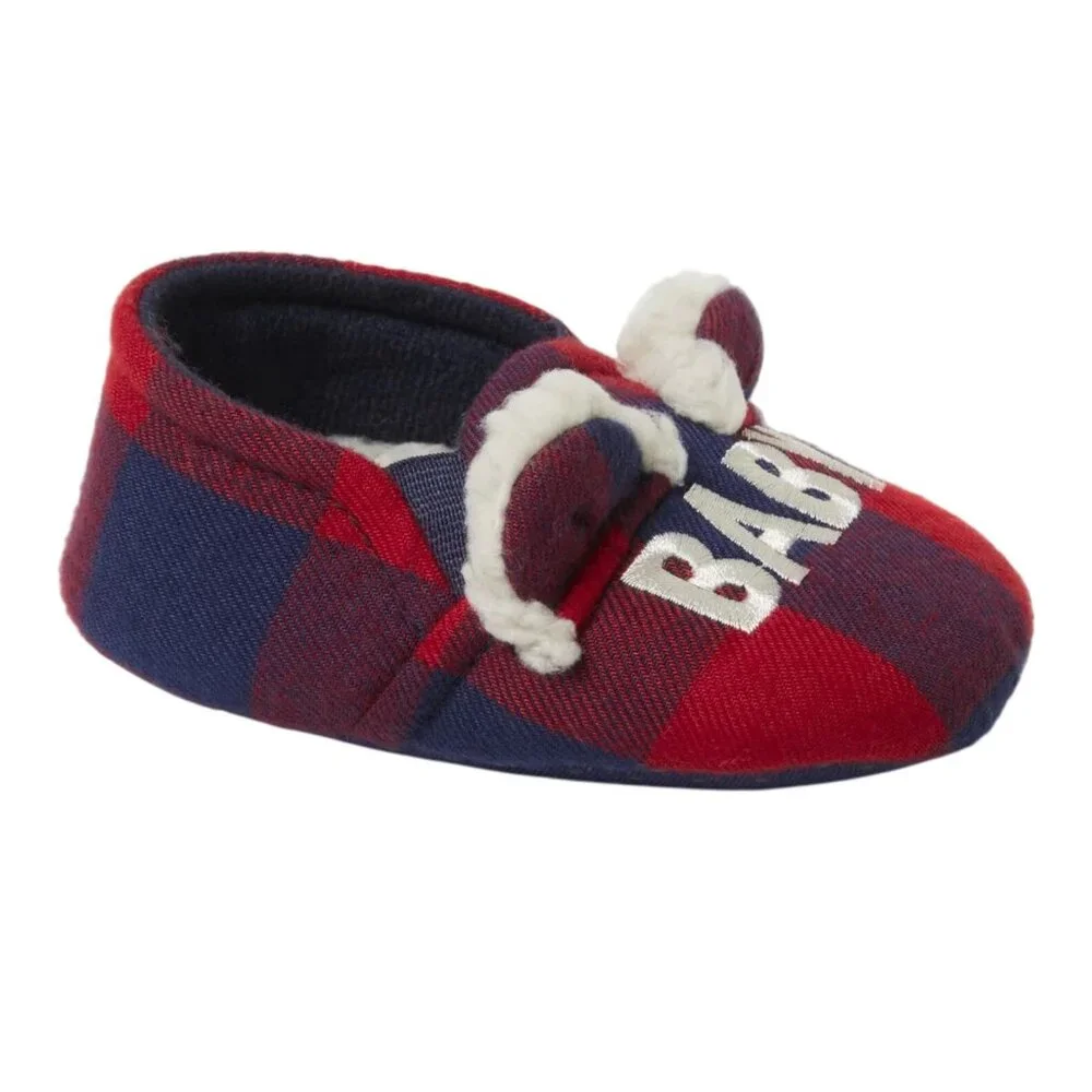 Dearfoams Cozy Comfort Baby Size 3/4 Slippers Baby Bear Plaid Flannel Lining